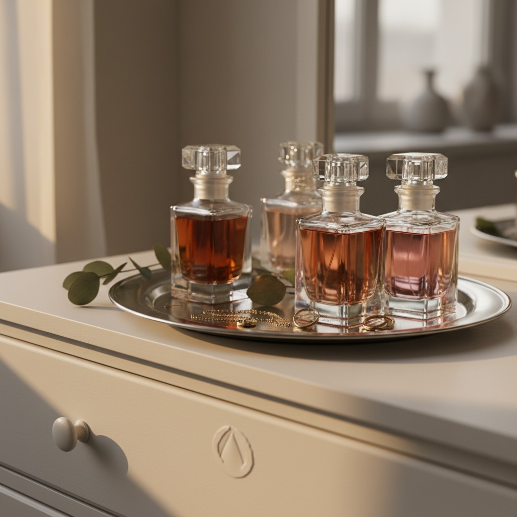 The image portrays three glass perfume bottles placed on a silver tray atop a seamless white dresser with a matching crown...