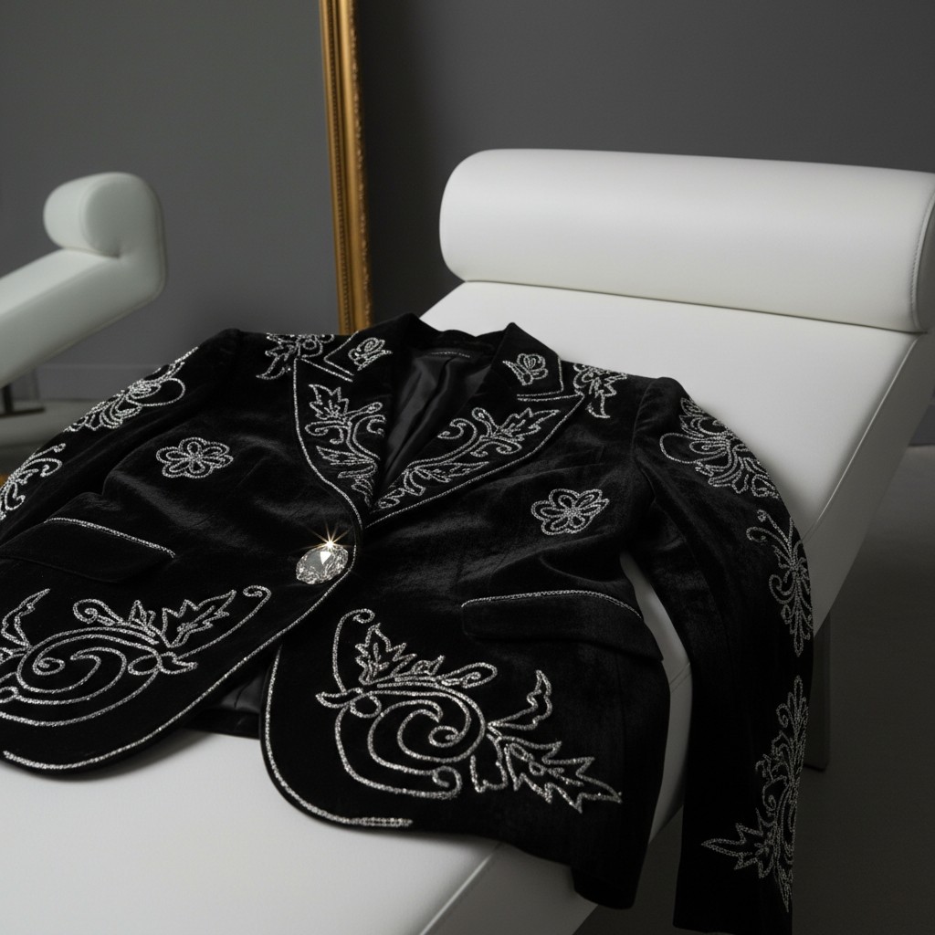 The black jacket features embroidered floral patterns in the upper left corner and on the bottom left side. A large embell...