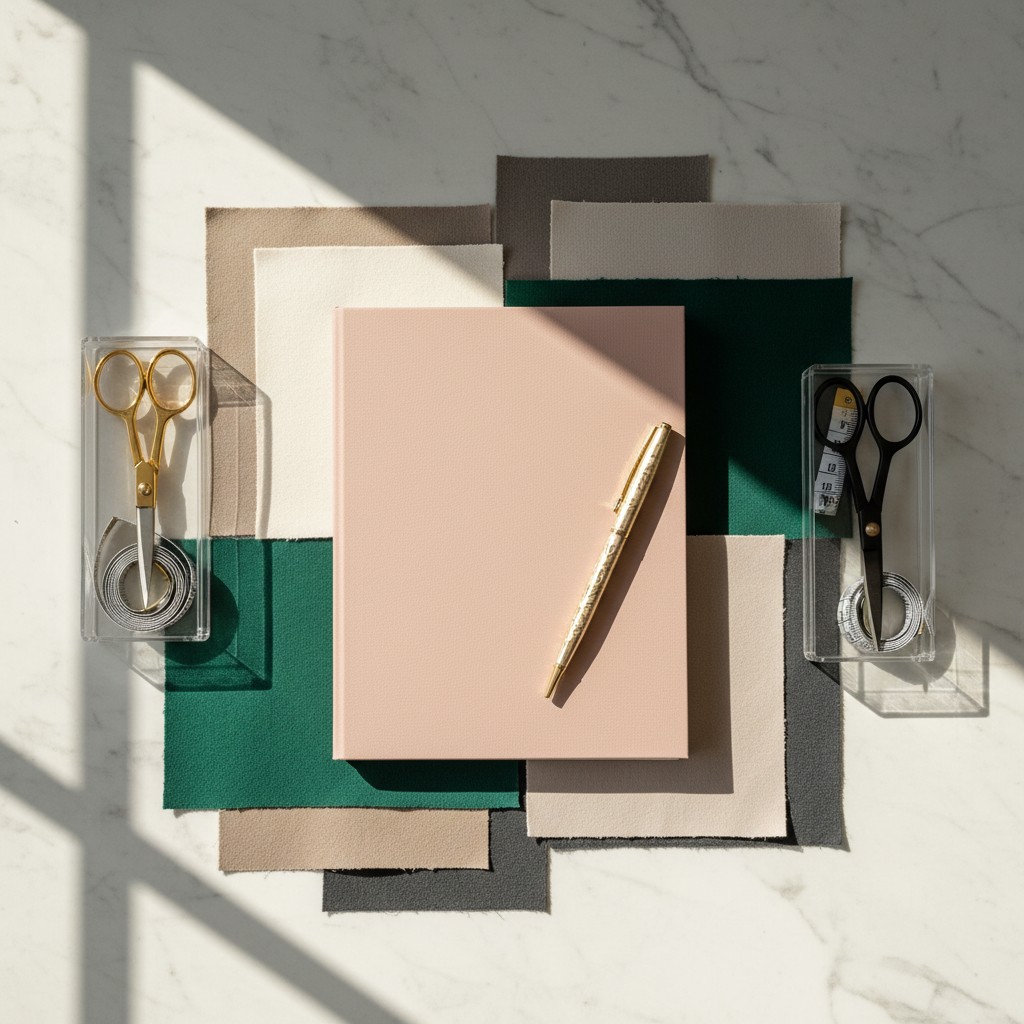 A stack of fabric swatches in shades of green, beige, brown, and gray, featuring a pink journal with a golden pen and a pa...